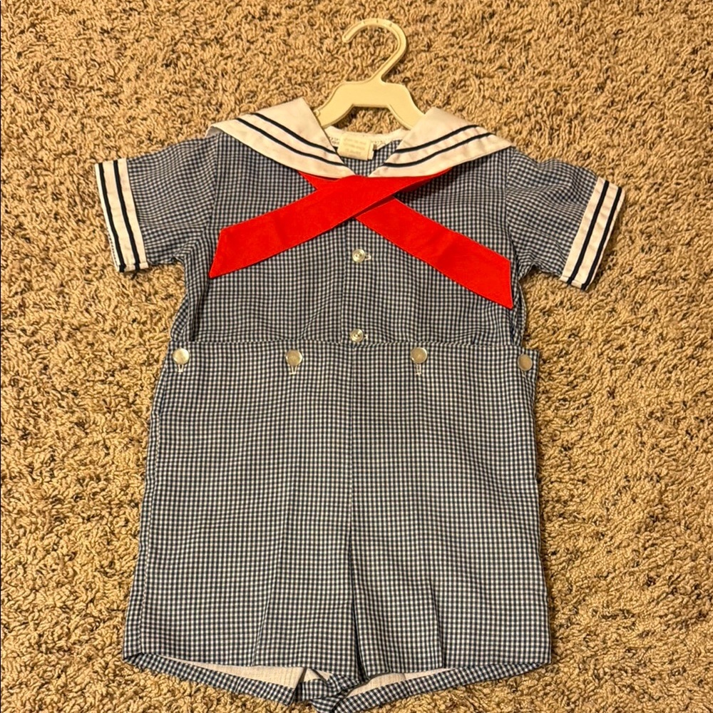 Blue Checkered Sailor Romper with Red Bow